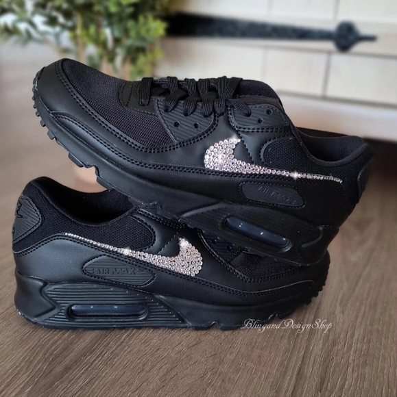 Bling Nike Air Max 90 Women's Leather Black Shoes Customized with Crystals - Picture 7 of 7